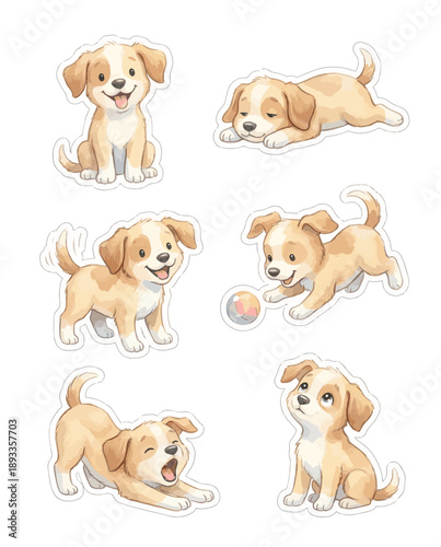 Cute puppy sticker set with various poses playing and sitting watercolor vector