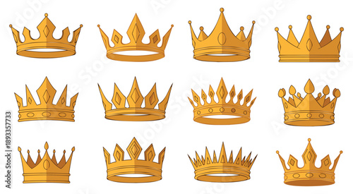 Set of 12 golden crowns isolated on white background luxury royalty symbols