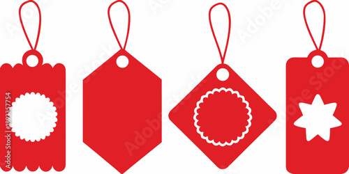 A collection of vibrant red price tags with decorative shapes and loops