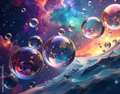 Vibrant cosmic bubbles float on water's edge