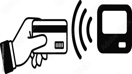 Contactless payment icon, hand holding credit card near wireless terminal, secure transaction, NFC technology, vector illustration