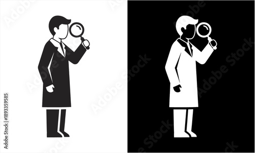 Man in lab coat holding a magnifying glass, symbolizing research and investigation.
