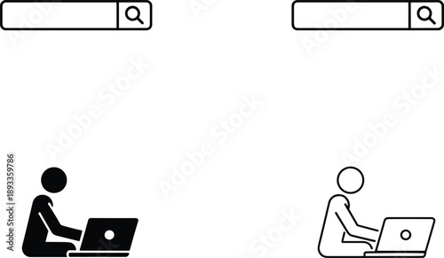 Search bar and laptop user icons set representing online research browsing interface and digital work concepts illustration vector