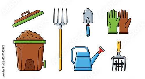 Collection of essential colorful gardening tools including a compost bin, pitchfork, hand trowel, gloves, watering can, and cultivator perfect for planting