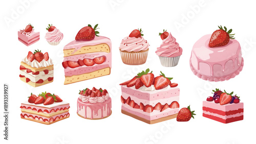 Flat vector illustration : icon set collection strawberry cakes, slice, cupcakes, various pastries symbol - summer dessert, bakery, sweet treats, confectionary, indulgent, birthday party 