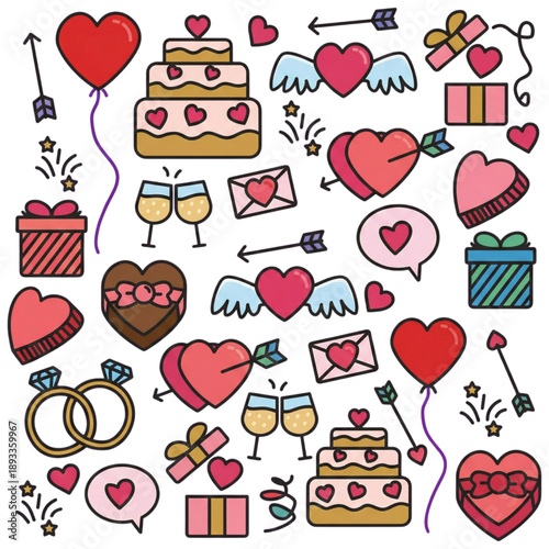 Flat vector illustration, various Valentine's day icons set, element collection, colourful symbol, cute cartoon, gift items, anniversary, wedding, marriage, romantic dinner, date night, birthday party