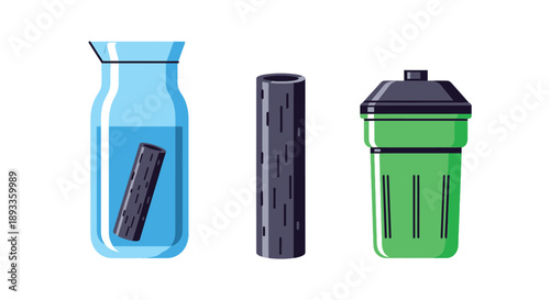 Illustration depicting the steps for replacing a used activated carbon water filter cartridge with a new one and disposing of the old one in a suitable container