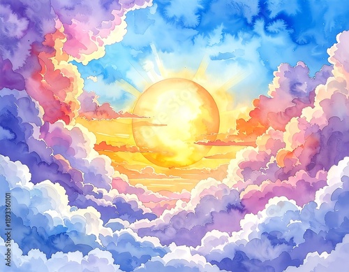 Vibrant sunset amidst fluffy clouds