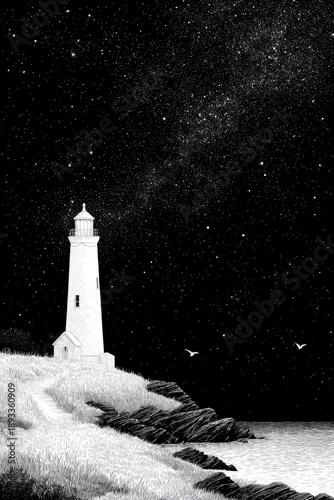 a black and white engraving of a lighthouse at night, with a sky full of stars