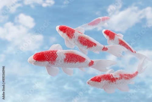 a group of koi fish, swimming in the sky with white clouds floating around them. the background is blue and clear, with sunlight shining on their bodies through the surface.