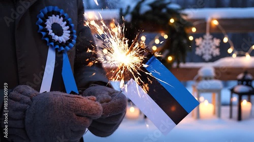 Sparklers and Estonian flag waving in snowy winter night with festive lights creating celebration