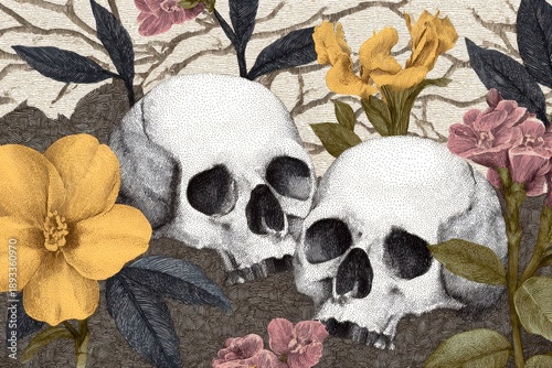 a detailed art of skulls and flower