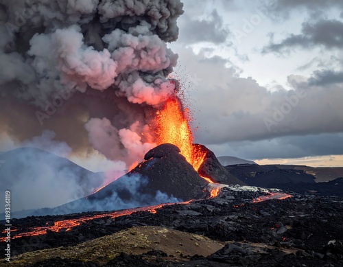 Volcanic eruption with smoke and lava