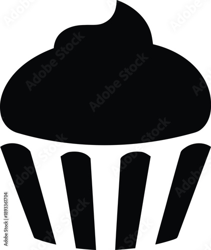 Simple black silhouette of cupcake with swirls frosting on top and wavy edges on wrapper isolated on white background