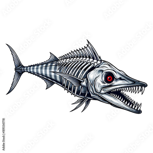 Wahoo fish skeleton illustration with red eye and sharp teeth isolated on white background
