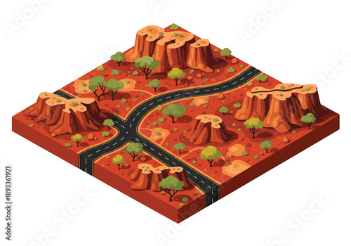 Isometric 3D view illustration of an Australian outback-inspired landscape with red soil, rock formations, sparse vegetation, and long desert roads