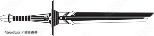Black and white sketched of a sword with a detailed handle and blade