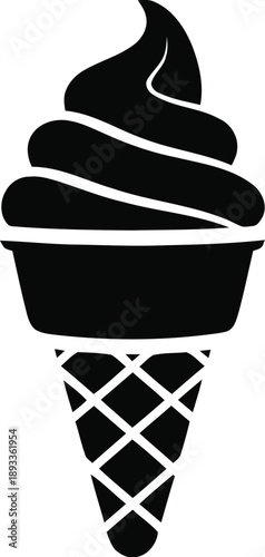 Soft serve ice cream cone icon silhouette with swirls in wafer cone for summer dessert advertisement and menu graphics