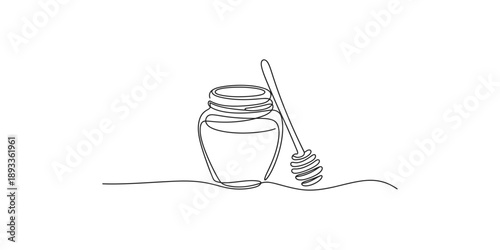 Single line of honey jar with dipper on white background single line honey jar minimalist