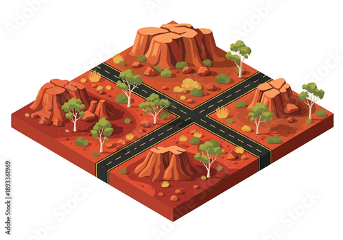 Isometric 3D view illustration of an Australian outback-inspired landscape with red soil, rock formations, sparse vegetation, and long desert roads