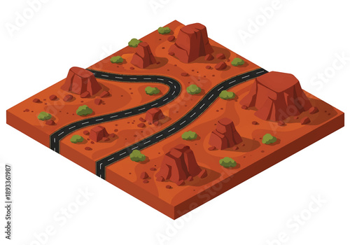 Isometric 3D view illustration of an Australian outback-inspired landscape with red soil, rock formations, sparse vegetation, and long desert roads