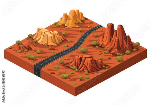 Isometric 3D view illustration of an Australian outback-inspired landscape with red soil, rock formations, sparse vegetation, and long desert roads