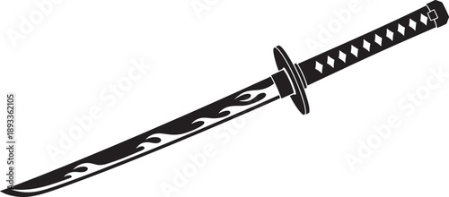 Black and white sketched of a traditional Japanese sword with detailed handle and blade samurai katana