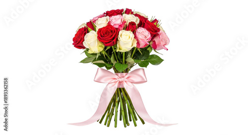Beautiful bouquet of mixed roses with pink ribbon isolated on transparent background