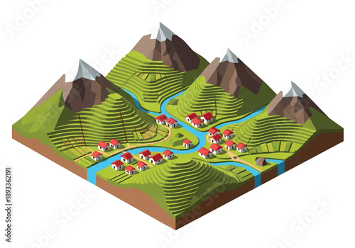 Isometric 3D view illustration of an Andes-inspired mountain landscape with terraces, rivers, rural settlements, and highland scenery