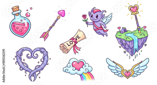 Collection of cute cartoon love themed stickers and icons on transparent background