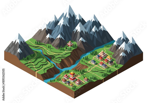 Isometric 3D view illustration of a Himalayan-inspired highland landscape with rugged mountains, valleys, trails, and remote villages
