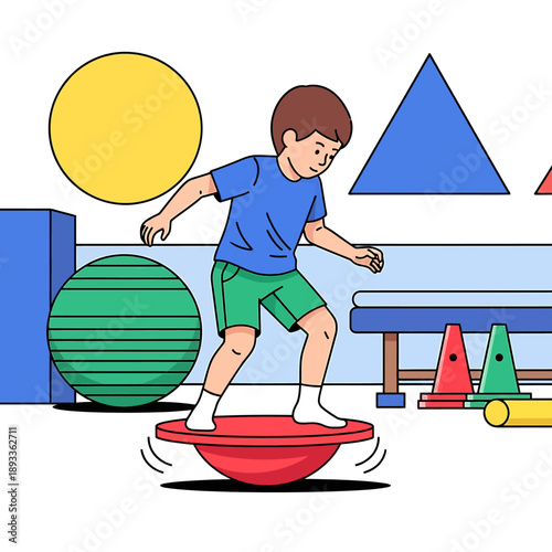 Child balancing on a red wobble board illustration