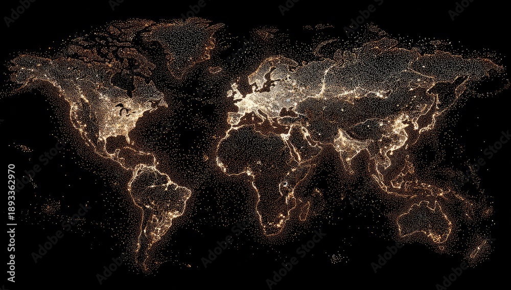 Obraz premium World map illuminated with glowing city lights and coastlines on a dark black background