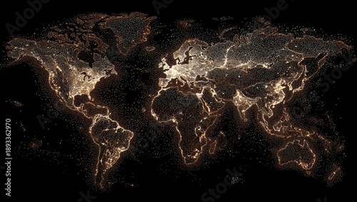 World map illuminated with glowing city lights and coastlines on a dark black background