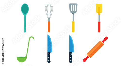 Collection of colorful flat design kitchen utensils including a spoon ladle whisk spatula knives and a rolling pin for cooking preparation