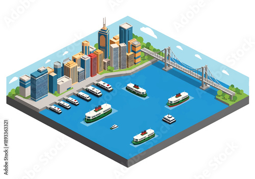 Isometric 3D view illustration of a Hong Kong-inspired harbor landscape with dense skyline, surrounding mountains, water channels, docks, and ferry routes