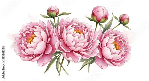 Beautiful pink peonies in full bloom with buds, a serene floral arrangement