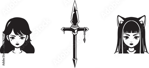 Two Sketched Female Faces with a Sword Between Them in Black and White sketched black and white cat ears