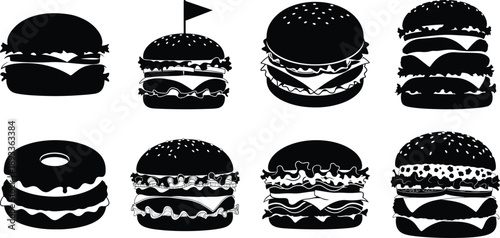 Collection of Black Silhouette Hamburgers and Donut Illustration