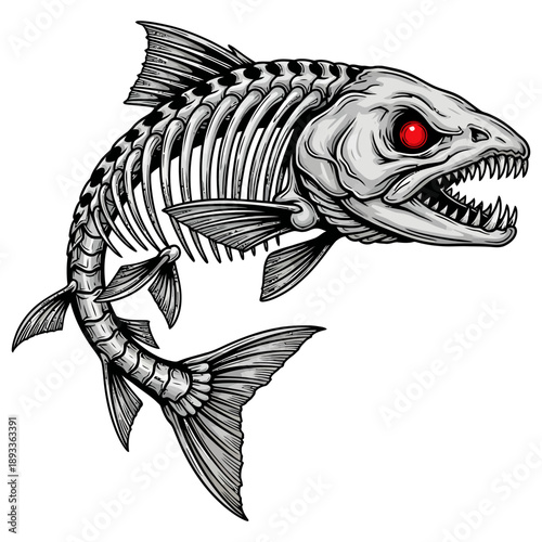Salmon skeleton monster with glowing red eyes aggressive fish illustration