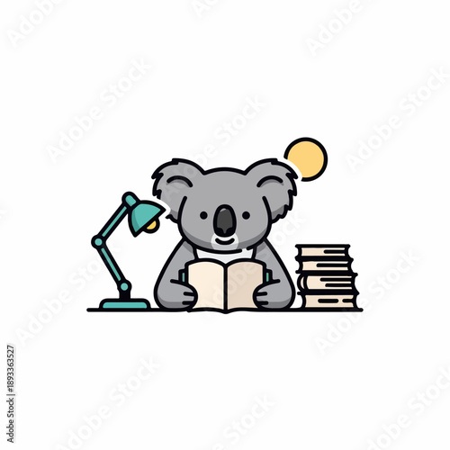 Koala reading book under desk lamp