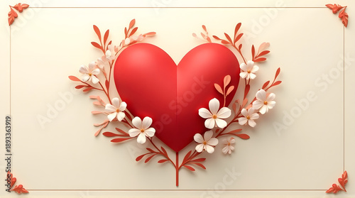 Romantic Red Heart Illustration with Minimalist Floral Border and Soft Shadows for Valentine’s Day