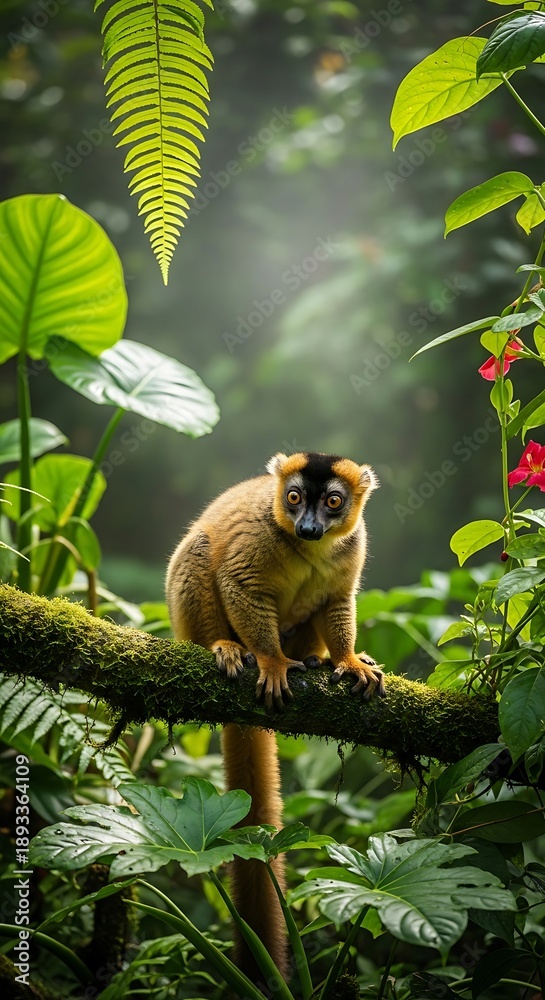 Fototapeta premium Golden Brown Lemur Perched on Mossy Branch in Lush Jungle.
