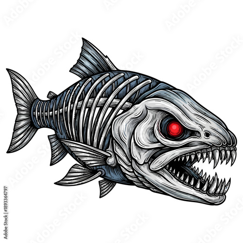 Salmon skeleton monster with glowing red eyes aggressive fish illustration