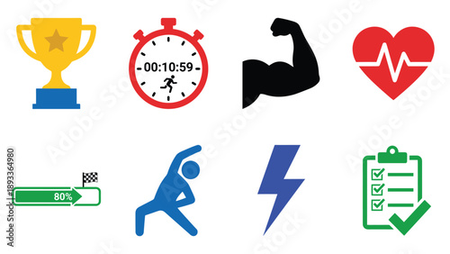 Fitness, Health, and Achievement Flat Vector Icons Set for Sport, Workout, and Wellness.
