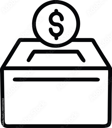 Line art icon of a charity box with a dollar coin outline