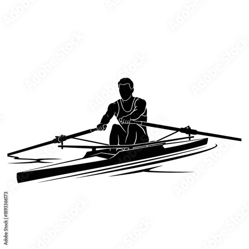 Silhouette of a rower in a scull on calm water, dynamic sport illustration