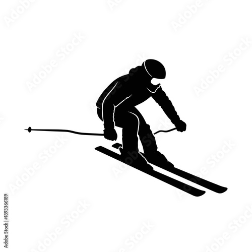 Dynamic minimalist silhouette of a skier carving down a snowy slope, an iconic representation of winter sports thrill