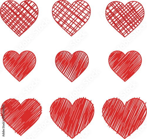 Hand drawn red heart icons, love symbol collection, romantic sketch style, valentine design elements isolated on white background