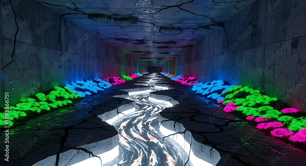 Fototapeta premium Glowing Neon Lights in Dark Tunnel.